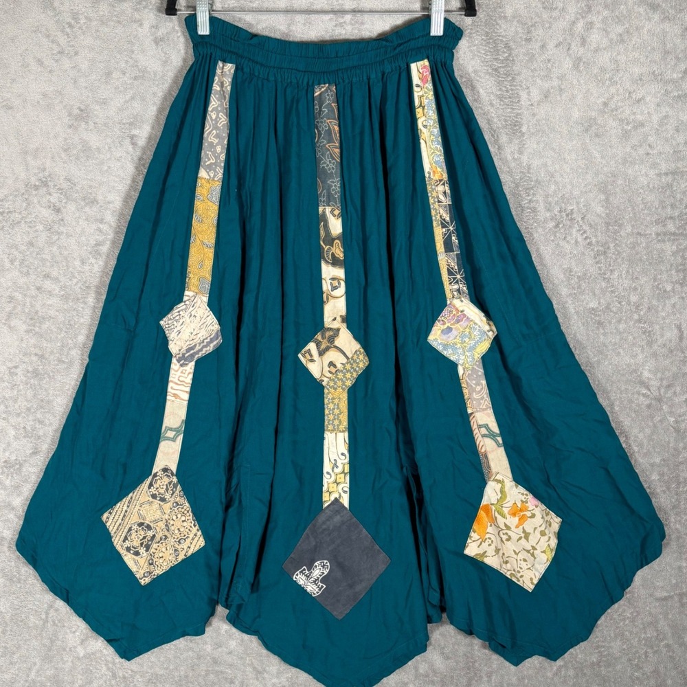 Nativewear Designs VTG Teal Batik Patchwork Maxi Skirt Small Boho Sharkbite Hem